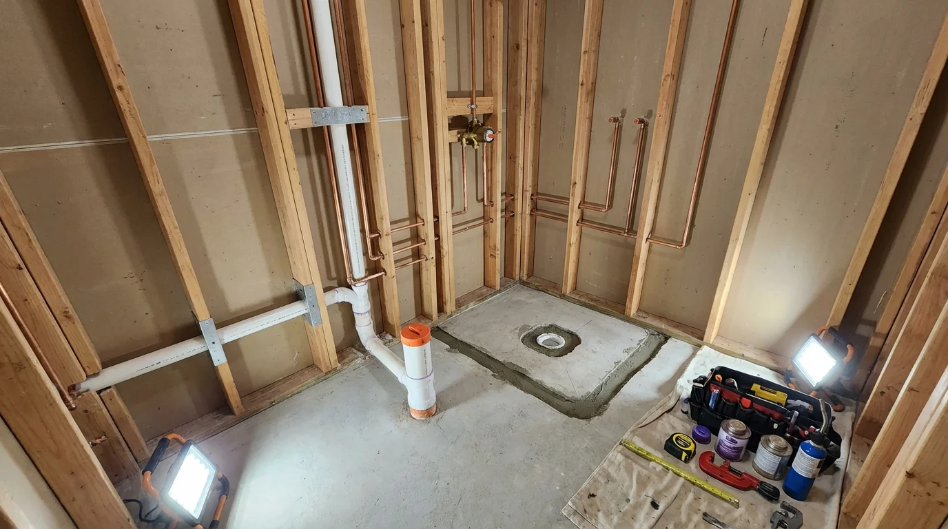 Bathroom rough-in plumbing during remodel by Johns Plumbing LLC in La Crescent
