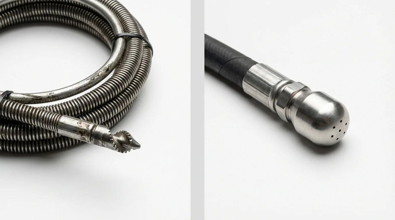 Drain snake cable and hydro jetting nozzle used for drain cleaning in La Crescent, MN