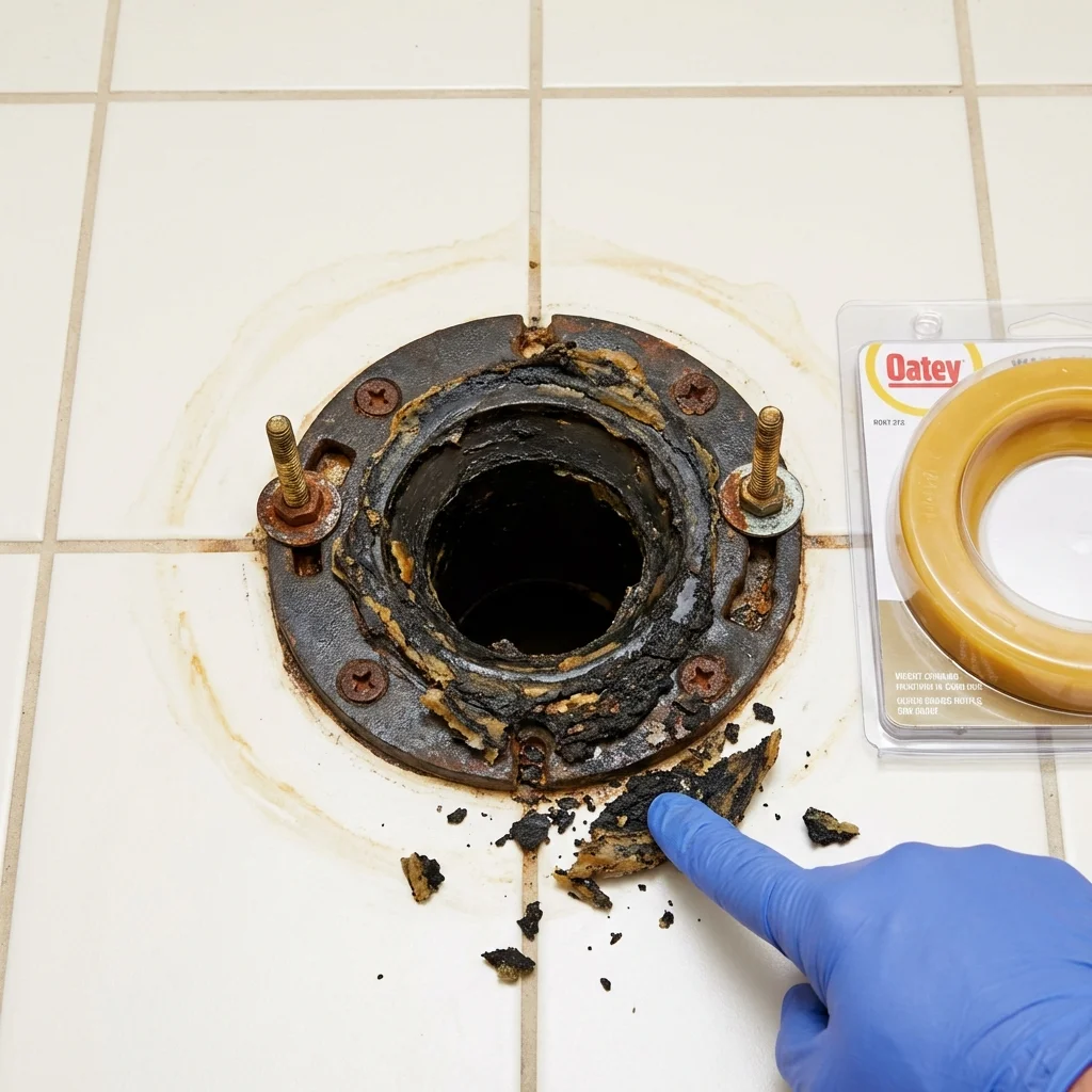 Failed wax ring showing water seepage at the base of a toilet in a La Crescent, MN home