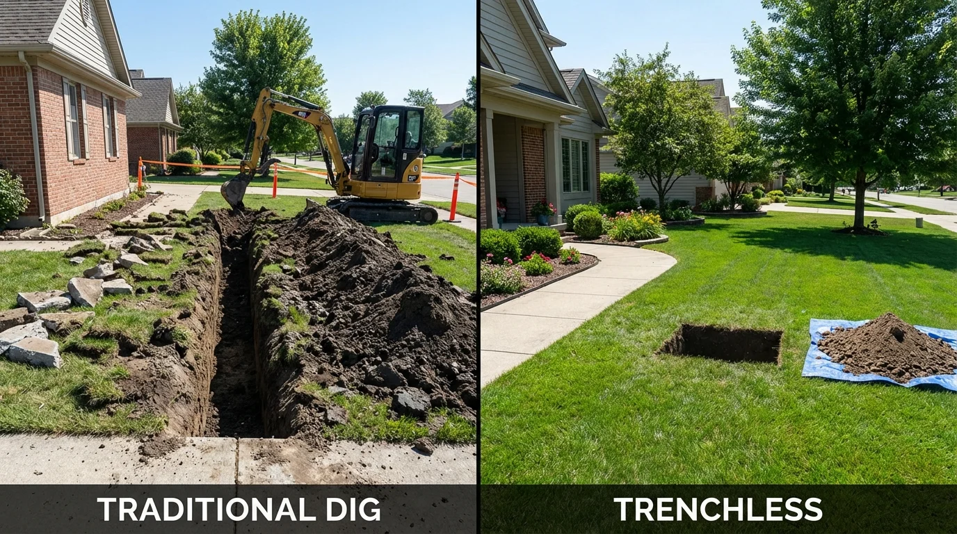 Trenchless sewer repair with minimal yard damage versus traditional excavation in La Crescent, MN